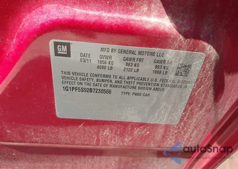 2011 Chevrolet Cruze 1Lt from USA, damaged, VIN 1G1PF5S92B7230566